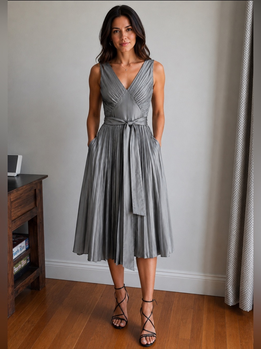 Banana Republic Silver-Gray Pleated V-Neck Midi Dress with Waist Tie